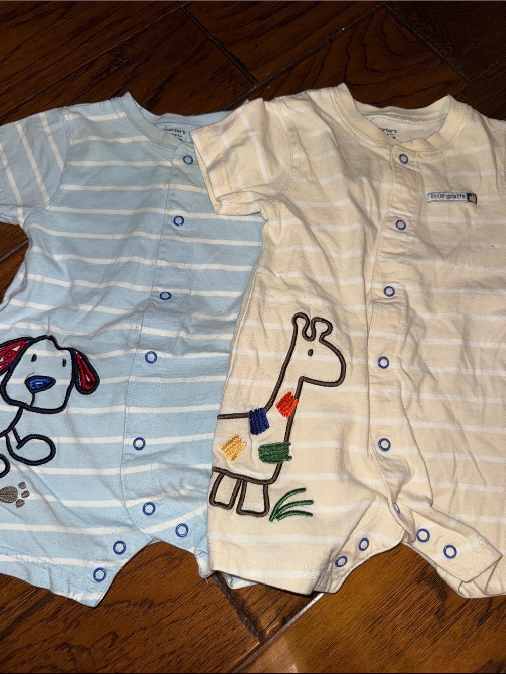 Carter's Blue & Cream Striped Baby One-Piece Bodysuits with Animal Appliqués